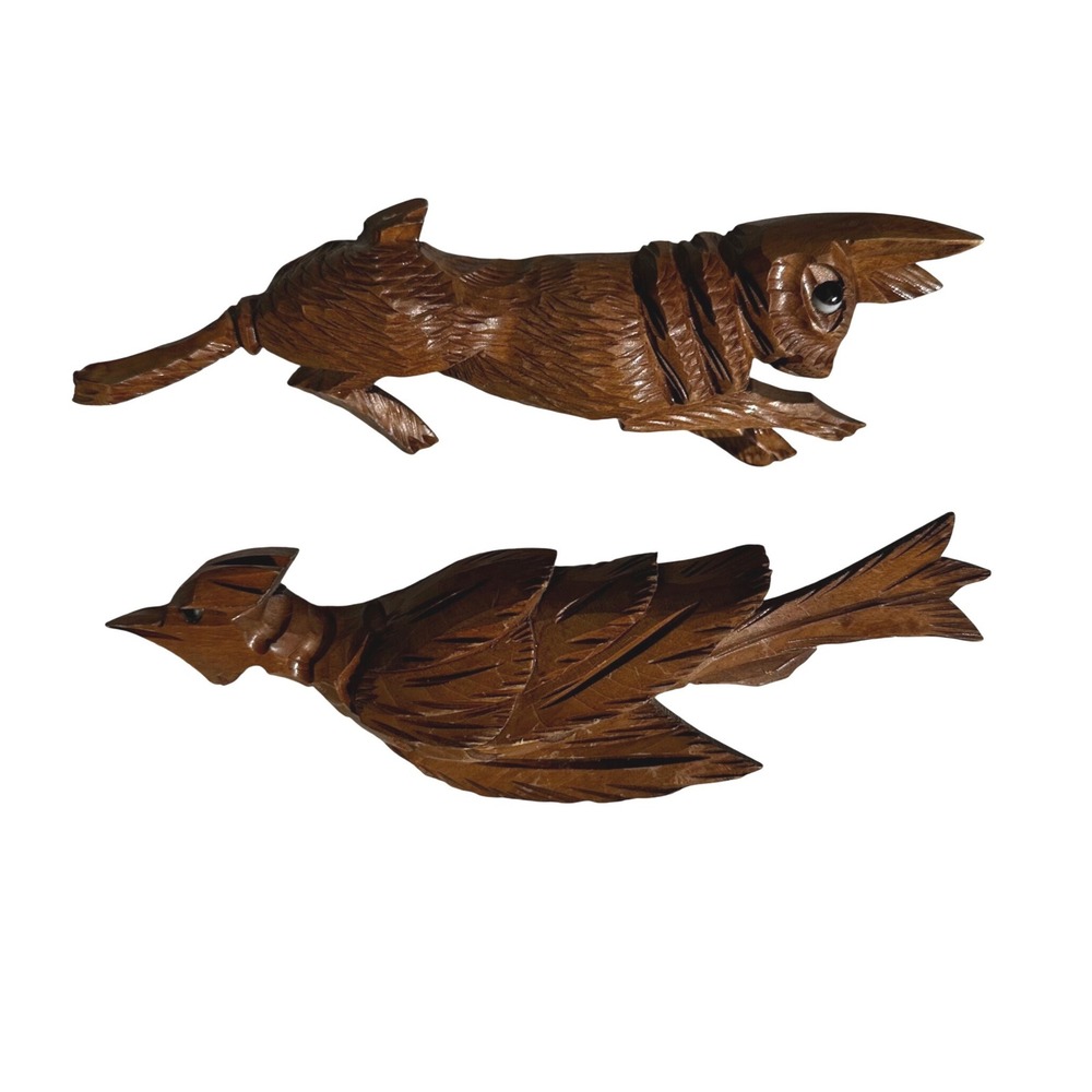 Vintage Hand Carved Wood Bird and Rabbit Wall Art Set Mid Century Folk Decor